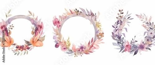 Watercolor wreath with flowers and leaves on a white background.