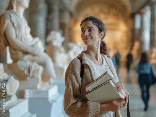 A woman, with a positive demeanour, holds books in a museum filled with ancient sculptures.