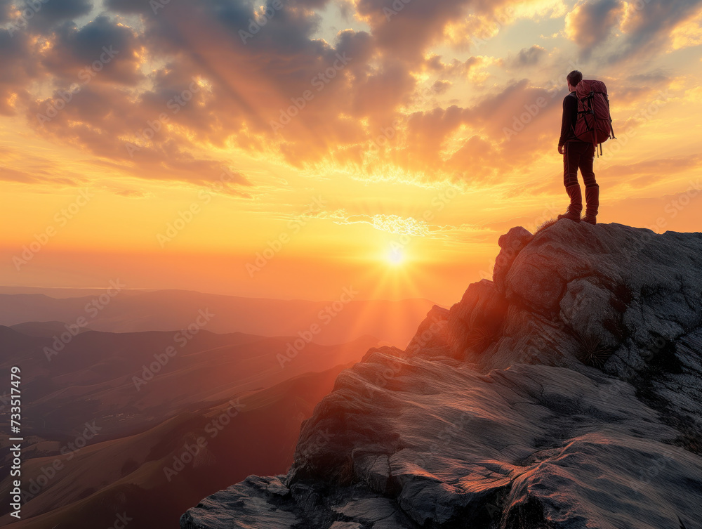 Hiker basks in the glorious sunset atop a mountain, proudly standing on a rock, backpack in tow.