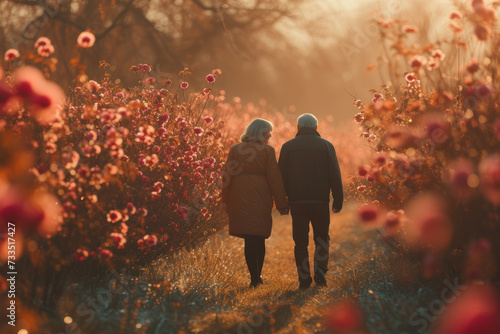 A cheerful senior couple holding hands while strolling through a blooming garden, celebrating the beauty of enduring love. Concept of lifelong companionship. Generative Ai.