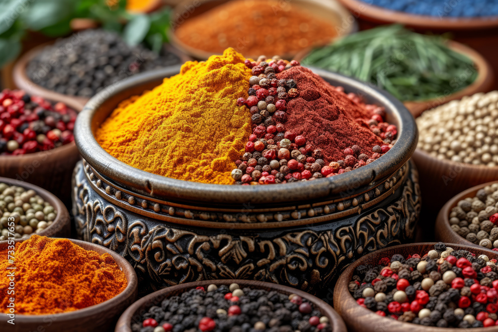A close-up of a pot of diverse culinary spices, highlighting the richness and variety of flavors in global cuisine. Concept of culinary diversity. Generative Ai.