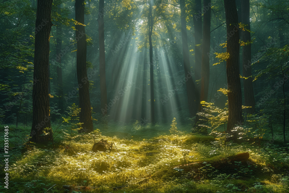 Obraz premium A tranquil forest scene with sunlight filtering through the trees, conveying the peace and serenity of nature. Concept of mindfulness and natural beauty. Generative Ai.