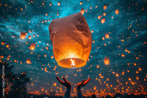 A pair of hands releasing a paper lantern into the night sky during a lantern festival, symbolizing hope and dreams taking flight. Concept of celebration. Generative Ai.