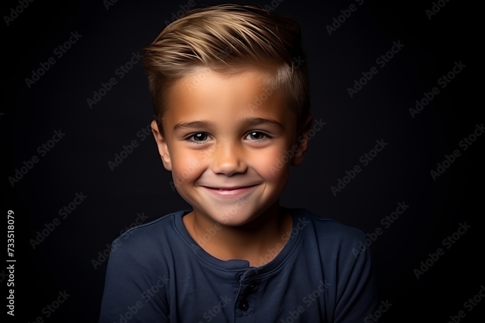 Portrait of a smiling little boy over black background. Studio shot. Portrait of a smiling little boy over black background. Studio shot.