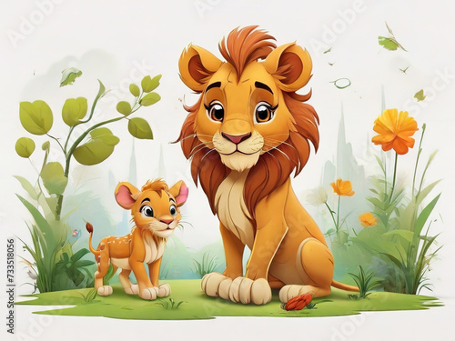 cartoon scene with happy lion family in the jungle - illustration for children