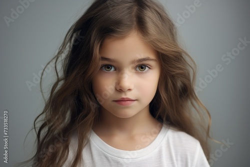 portrait of a little girl in a white T-shirt on a gray background
