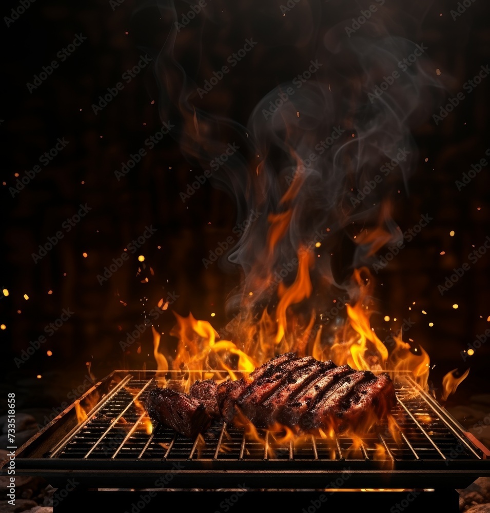 Grill Background. Barbecue Fire Grill close-up, isolated on Black Background Grill Background. Barbecue Fire Grill close-up, isolated on Black Background
