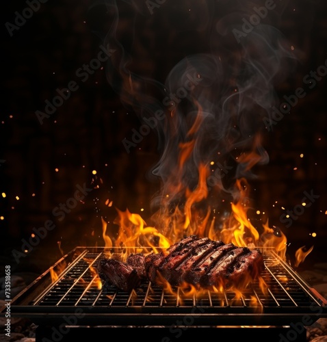 Grill Background. Barbecue Fire Grill close-up, isolated on Black Background