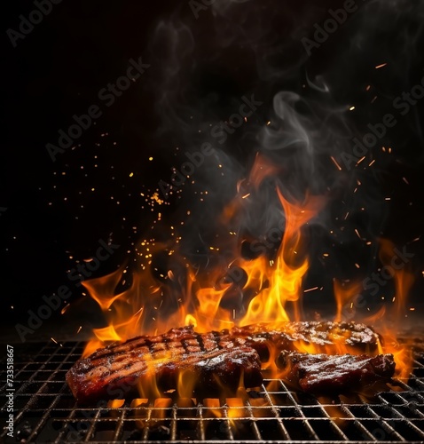 Grill Background. Barbecue Fire Grill close-up, isolated on Black Background