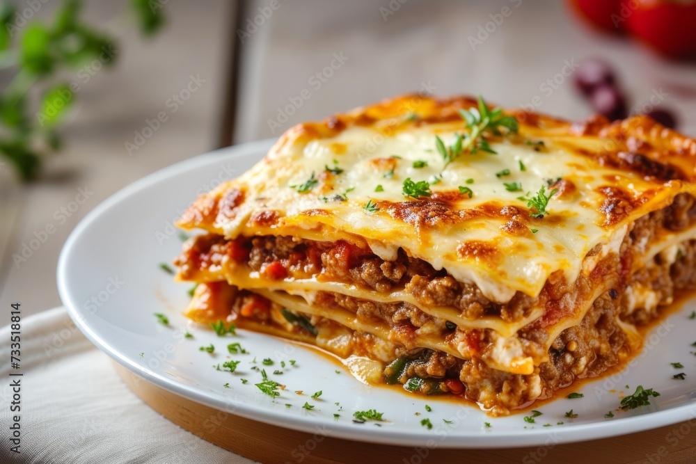 Serving of lasagna on a white plate with tomatoes and herbs in the background, dish presentation. Serving of lasagna on a white plate with tomatoes and herbs in the background, dish presentation.