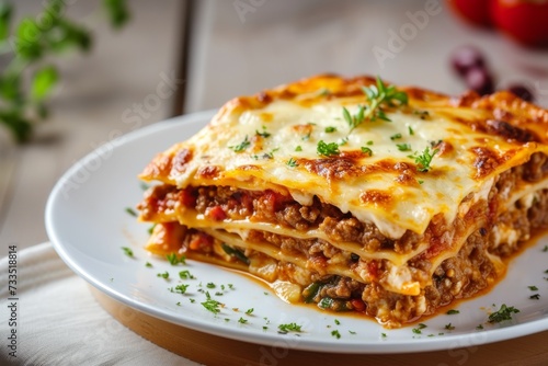 Serving of lasagna on a white plate with tomatoes and herbs in the background, dish presentation.