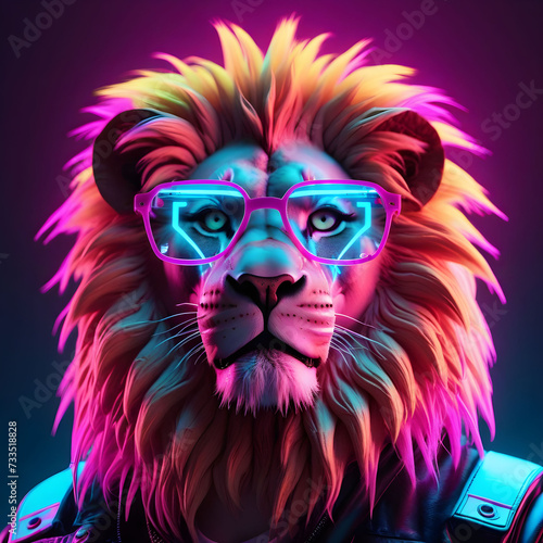 Colorful Lion Head Cyberpunk 3d Art using Glasses