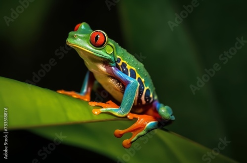 Bright red and green colored frog sitting on a leaf