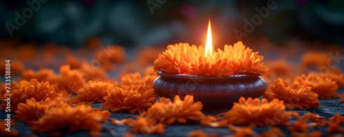 Traditional Indian clay oil lamp burning and marigold flowers. Ugadi, Gudi Padwa, Diwali festival concept. Hindu New Year celebration. Religion and ethnic concept. For banner, greeting card, poster