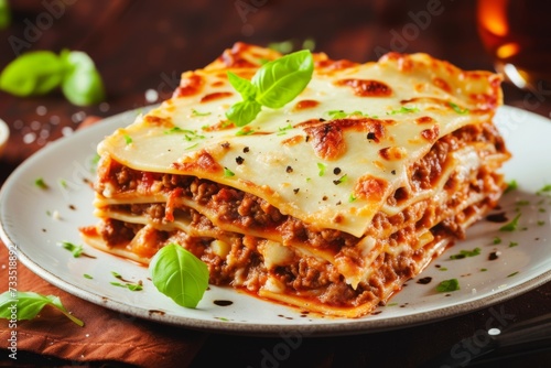 Serving of lasagna on a white plate, garnished with herbs, on a light background