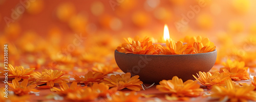 Traditional Indian clay oil lamp burning and marigold flowers. Ugadi, Gudi Padwa, Diwali festival concept. Hindu New Year celebration. Religion and ethnic concept. For banner, greeting card, poster