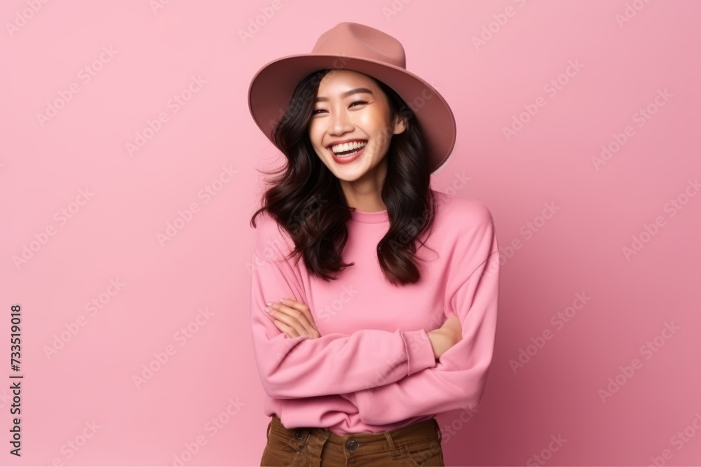 Portrait of a smiling young asian woman with hat on pink background Portrait of a smiling young asian woman with hat on pink background