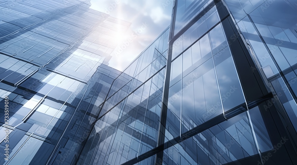 Obraz premium Modern office building with glass facade on a clear sky background. Transparent glass wall of office building.