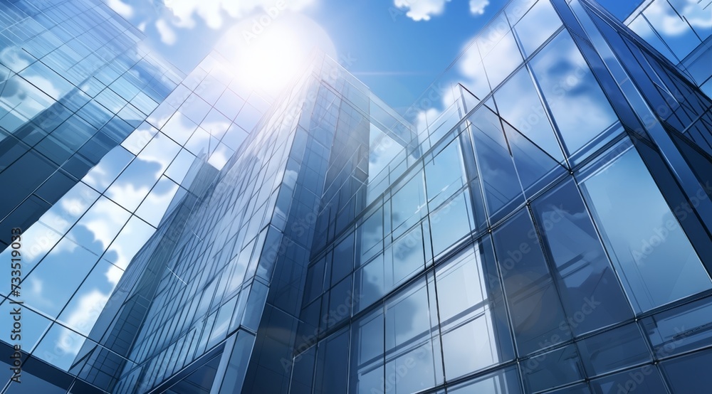 Modern office building with glass facade on a clear sky background. Transparent glass wall of office building.