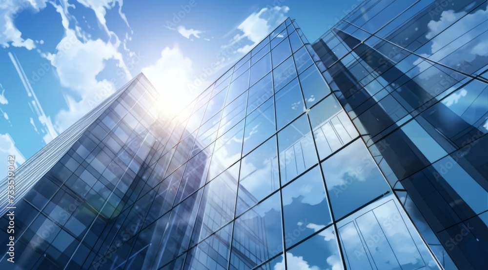 Modern office building with glass facade on a clear sky background. Transparent glass wall of office building.