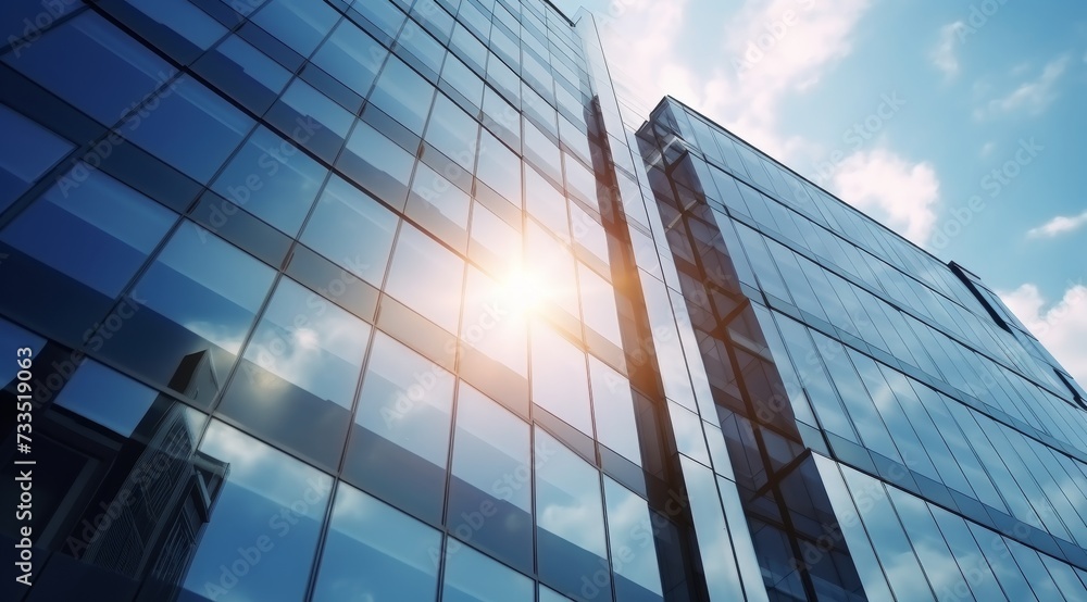 Modern office building with glass facade on a clear sky background. Transparent glass wall of office building.