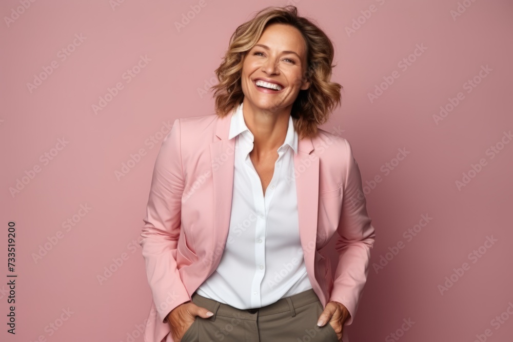 Portrait of smiling businesswoman with hands in pockets against pink background Portrait of smiling businesswoman with hands in pockets against pink background