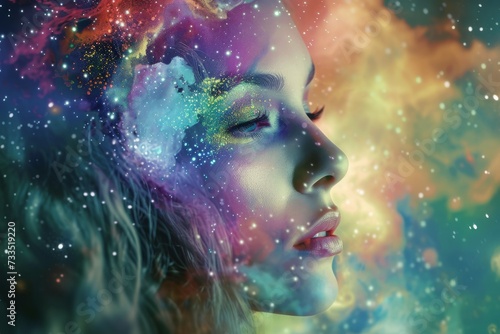 Woman's portrait with cosmic space elements merged © InfiniteStudio