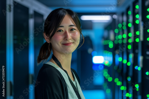 Smiling female IT engineer in server room
