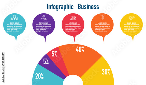 Infographic template for business information presentation. Vector  geometry and icon elements. Modern workflow diagrams. Report plan 5 topics