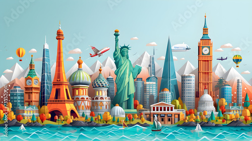 World travel and sights. Famous landmarks of the world. World Tour Day, Tourism, World Traveling, Traveling Spaces, Generative Ai
