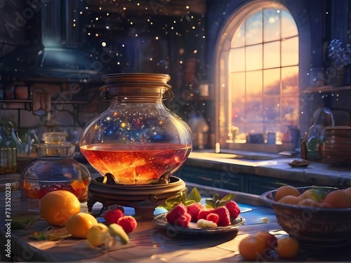 黄昏時のファンタジーキッチンと魔法をかけたキラキラカクテルドリンク photo