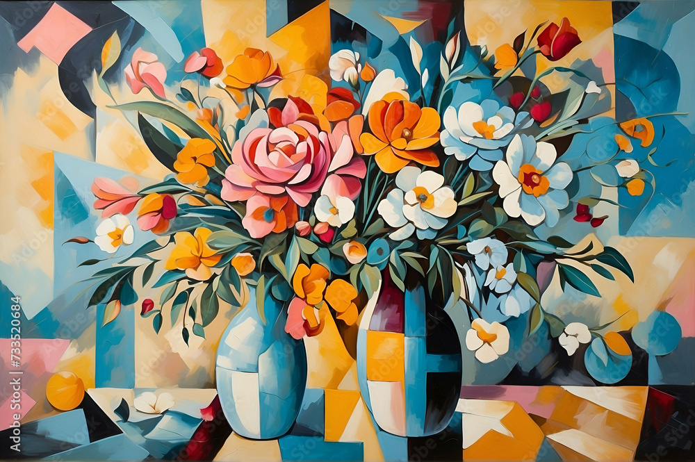 flowers in a modern style and cubism in oil on canvas with elements of ...