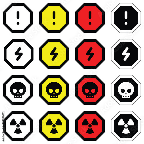 set different colors octagon icons radioactive nuclear alarm electric voltage warning danger symbol alert caution hazard danger traffic vector flat design for website mobile isolated white Background