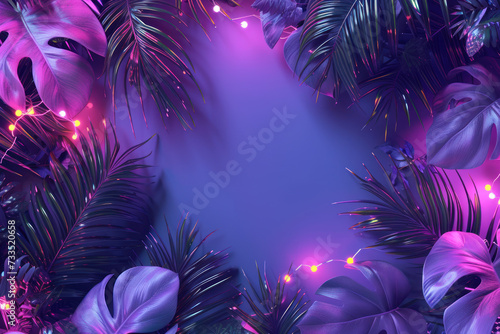Tropical and palm leaves in neon light vibrant bold gradient holographic colors. Concept art. Minimal surrealism  Summer holiday vacation concept