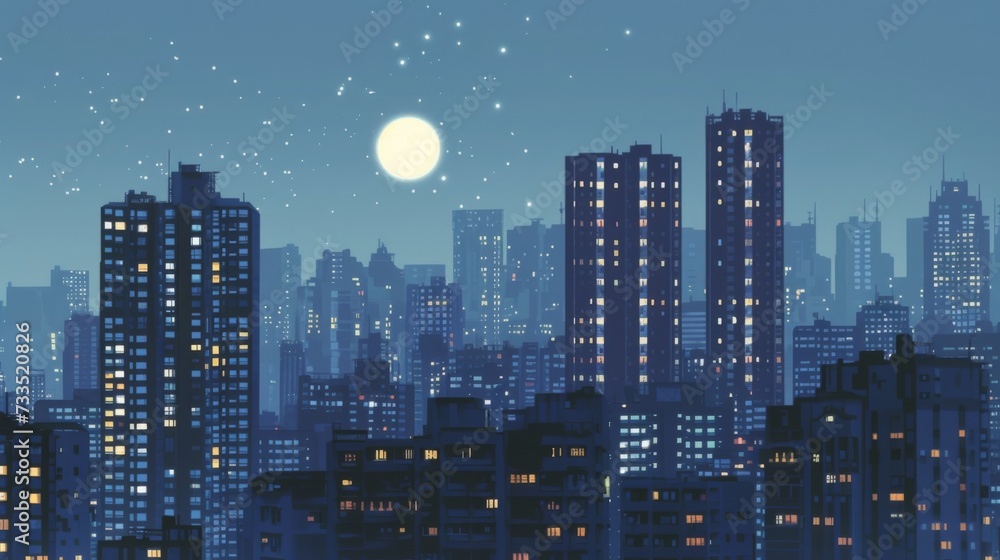 Silhouette of flat buildings, city lights.
