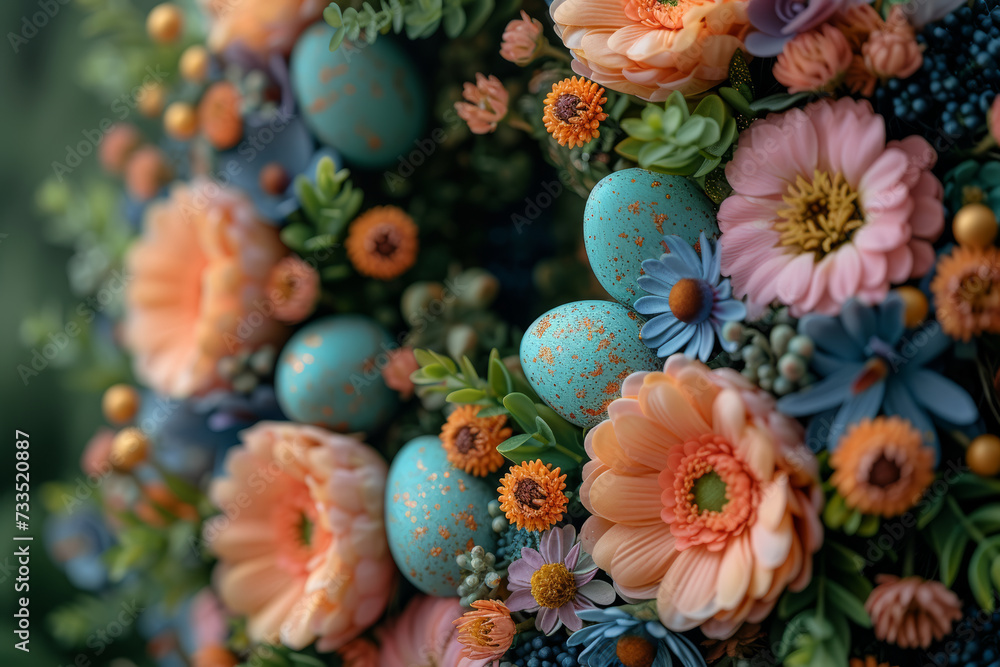 A close-up of a handmade Easter wreath adorned with vibrant flowers, ribbons, and decorative eggs. Concept of DIY Easter home decor. Generative Ai. A close-up of a handmade Easter wreath adorned with vibrant flowers, ribbons, and decorative eggs. Concept of DIY Easter home decor. Generative Ai.