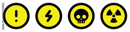 set yellow black circle icons radioactive nuclear sign electric alert voltage warning danger symbol logo caution hazard danger traffic vector flat design for website mobile isolated white Background