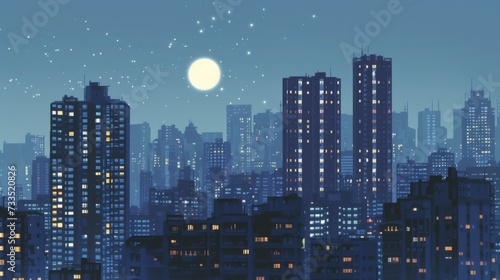 Silhouette of flat buildings  city lights.