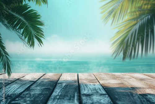 Beach and wooden planks with palm trees, Summer holiday vacation concept
