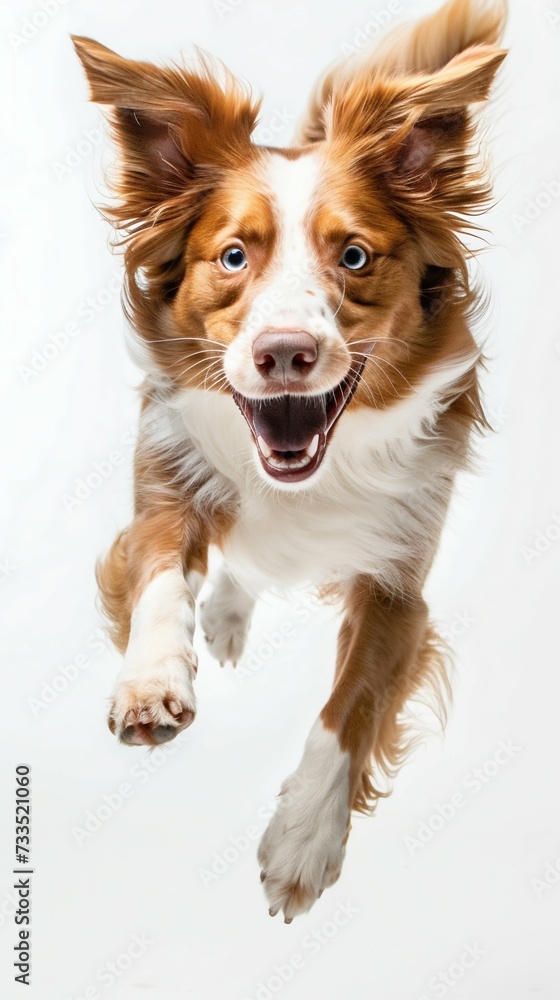 Joyful Dog Mid-Leap on White Background. Generative ai
