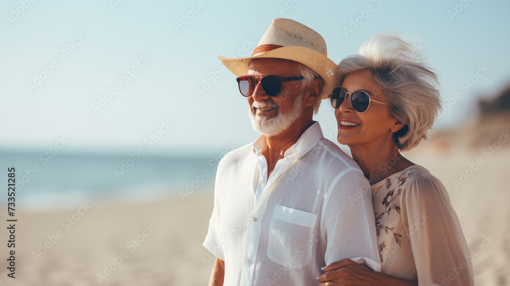 An elderly couple stand and smile happy feeling and chilling on the beach.