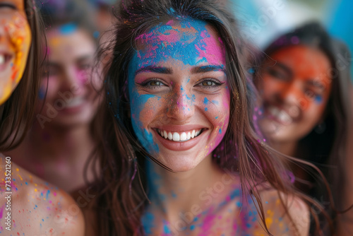 A group of friends engaged in a lively Holi dance, their faces and clothes adorned with bright powdered pigments, spreading the spirit of joy and togetherness. Generative Ai.