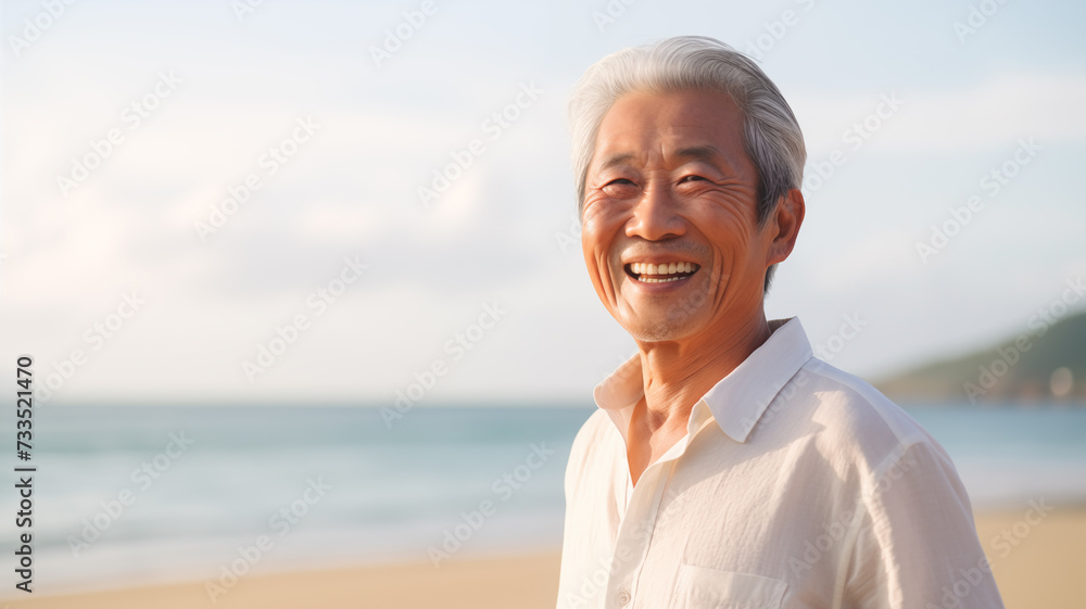 An elderly man standing smile and chilling on the beach.