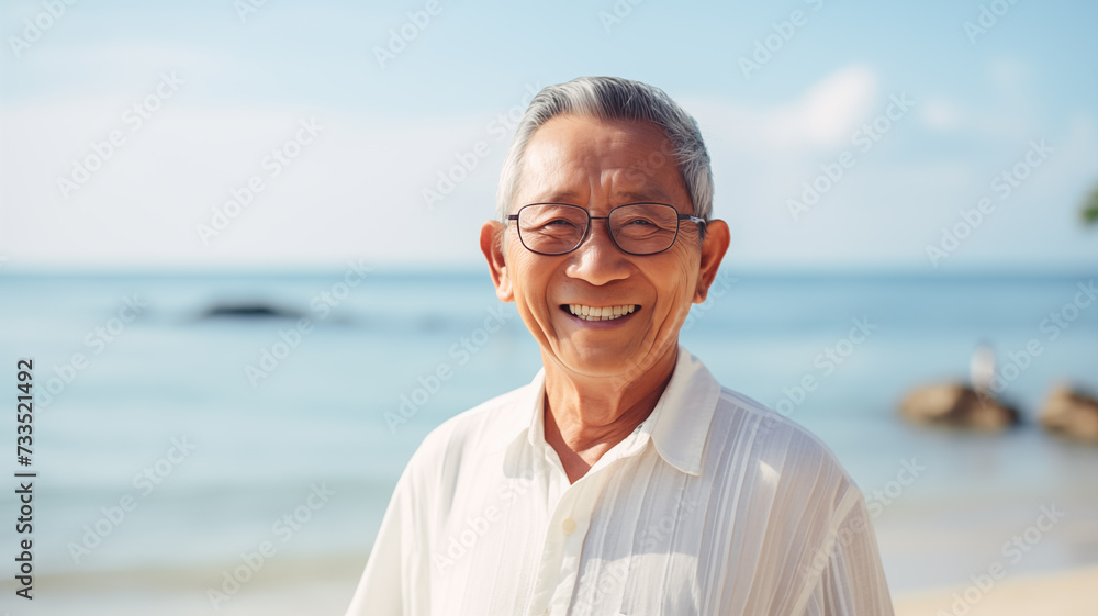 An elderly man standing smile and chilling on the beach. An elderly man standing smile and chilling on the beach.