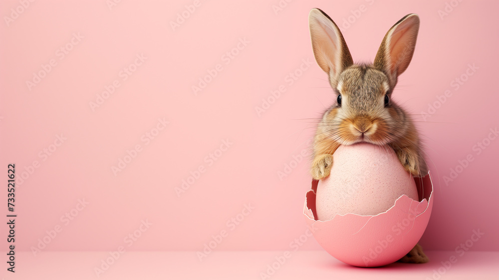Obraz premium Cute Easter bunny hatching from pink Easter egg isolated on pastel pink background with copy space.