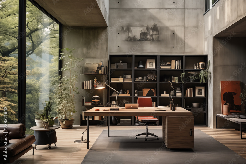 Modern home office with natural light and shadow to highlight the textured concrete surfaces and vintage pieces. Modern home office with natural light and shadow to highlight the textured concrete surfaces and vintage pieces.