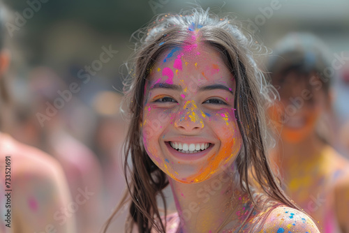 Holi celebrations in a school setting  with students and teachers engaging in cultural performances  art  and educational activities. Concept of festive school events. Generative Ai.