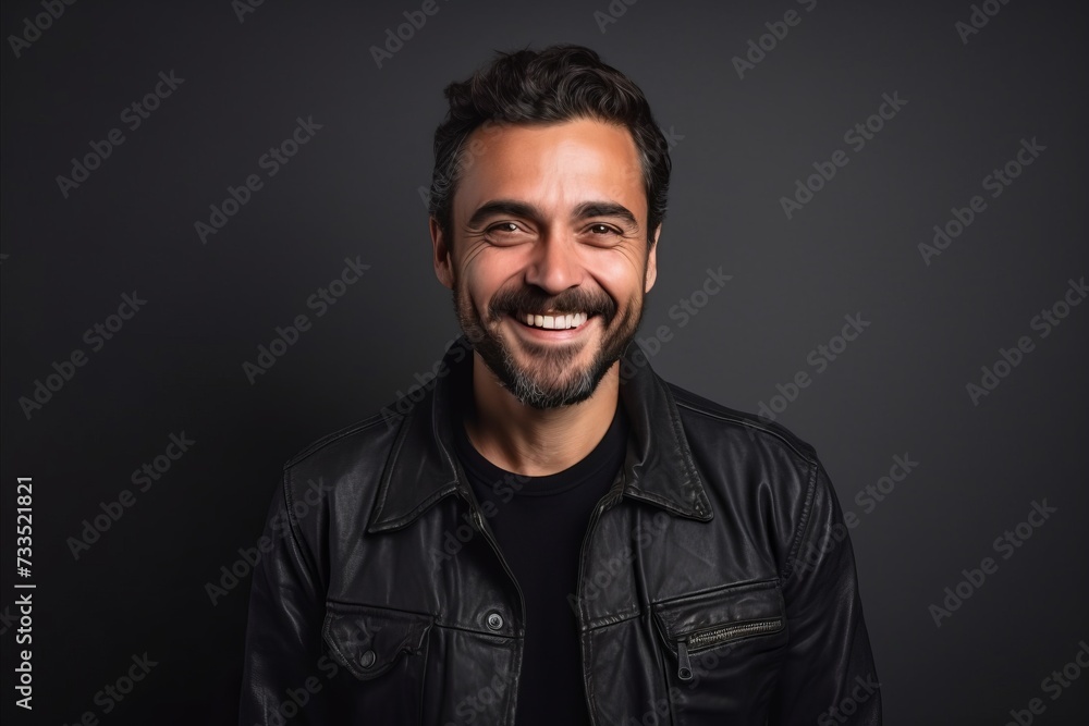 Handsome man with leather jacket smiling at the camera on a dark background