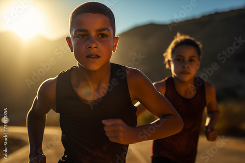 Child athlete practicing running against evening light. © Kenstocker