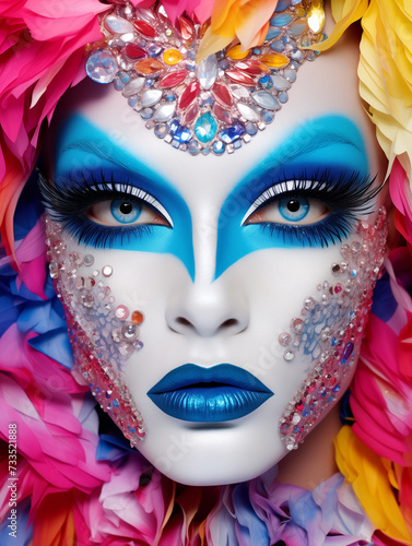 Vibrant Portrait of a Model With Elaborate Blue Makeup and Multicolored Floral Headdress